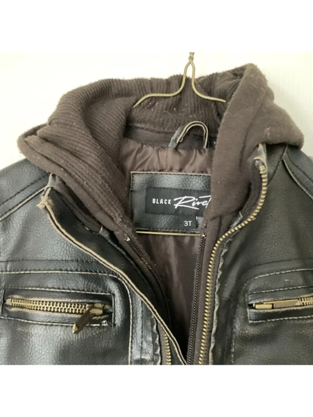 Black Rivet Size 3T Childs Faux Leather Bomber Jacket Black Color w Zip Out Hood